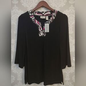 Chico's Travelers NWT Size 0/ Small Satin Edge Black Stretch 3/4 Sleeve Top